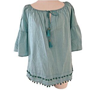 Rafaella Women's Peasant Top Petite S Teal Stripes Tassels Pom Poms Cottagecore